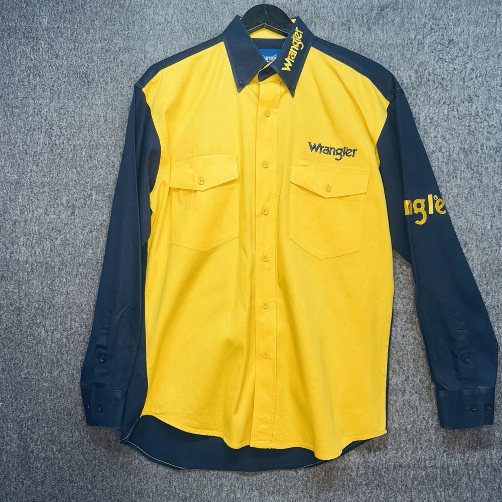 Wrangler‎ Rodeo Brush Popper LS Shirt LG Yellow Embroidered Lettering Western